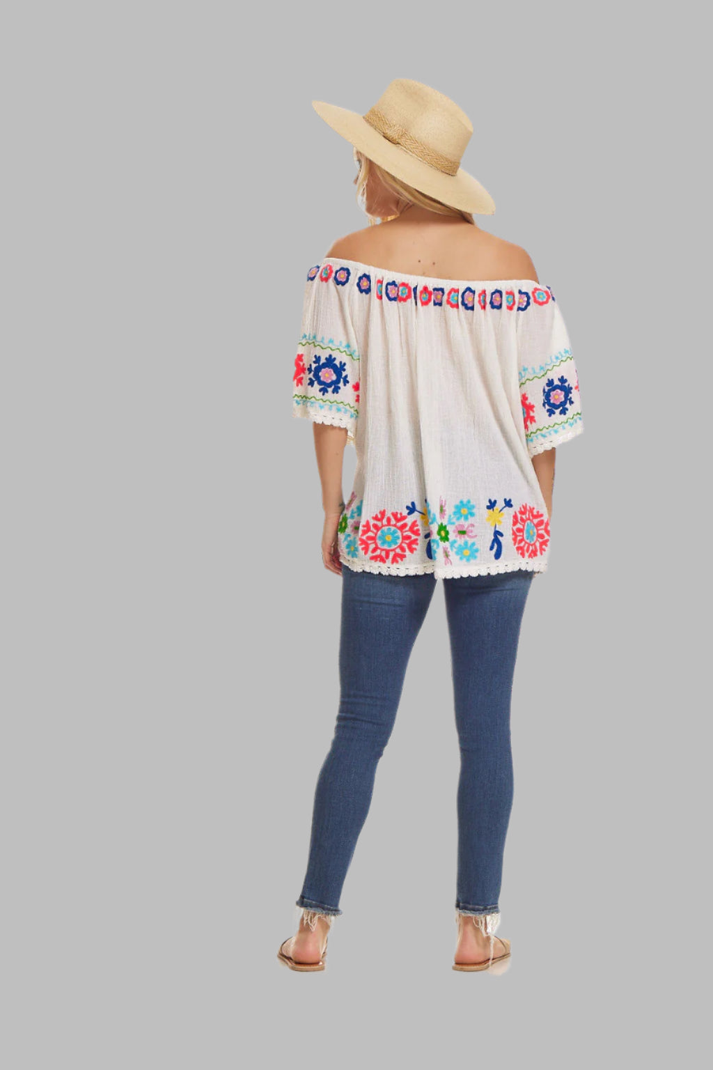 Eloise Embroidered Tunic Off Shoulder Natural/ Multicolor