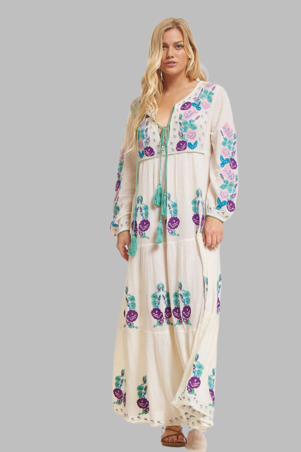 Lara Embroidered Maxi Dress Natural/ Multicolor