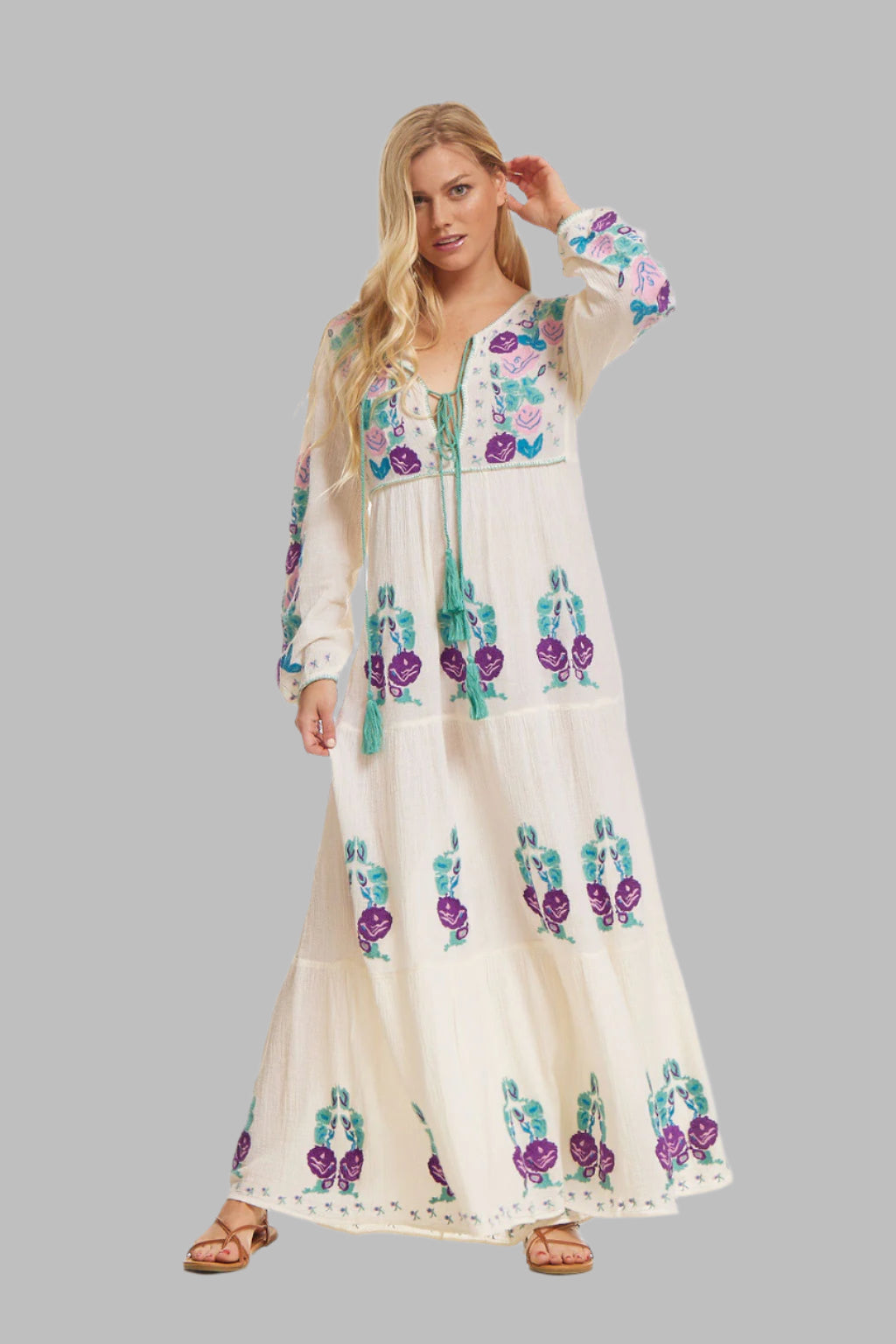 Lara Embroidered Maxi Dress Natural/ Multicolor M