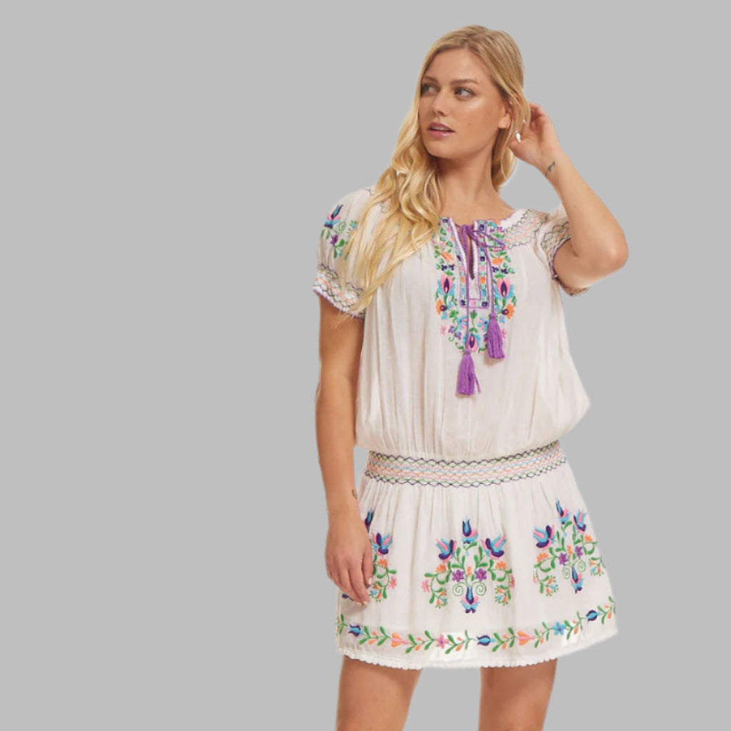 Everly Embroidered Short Dress Off Shoulder Natural/ Multicolor