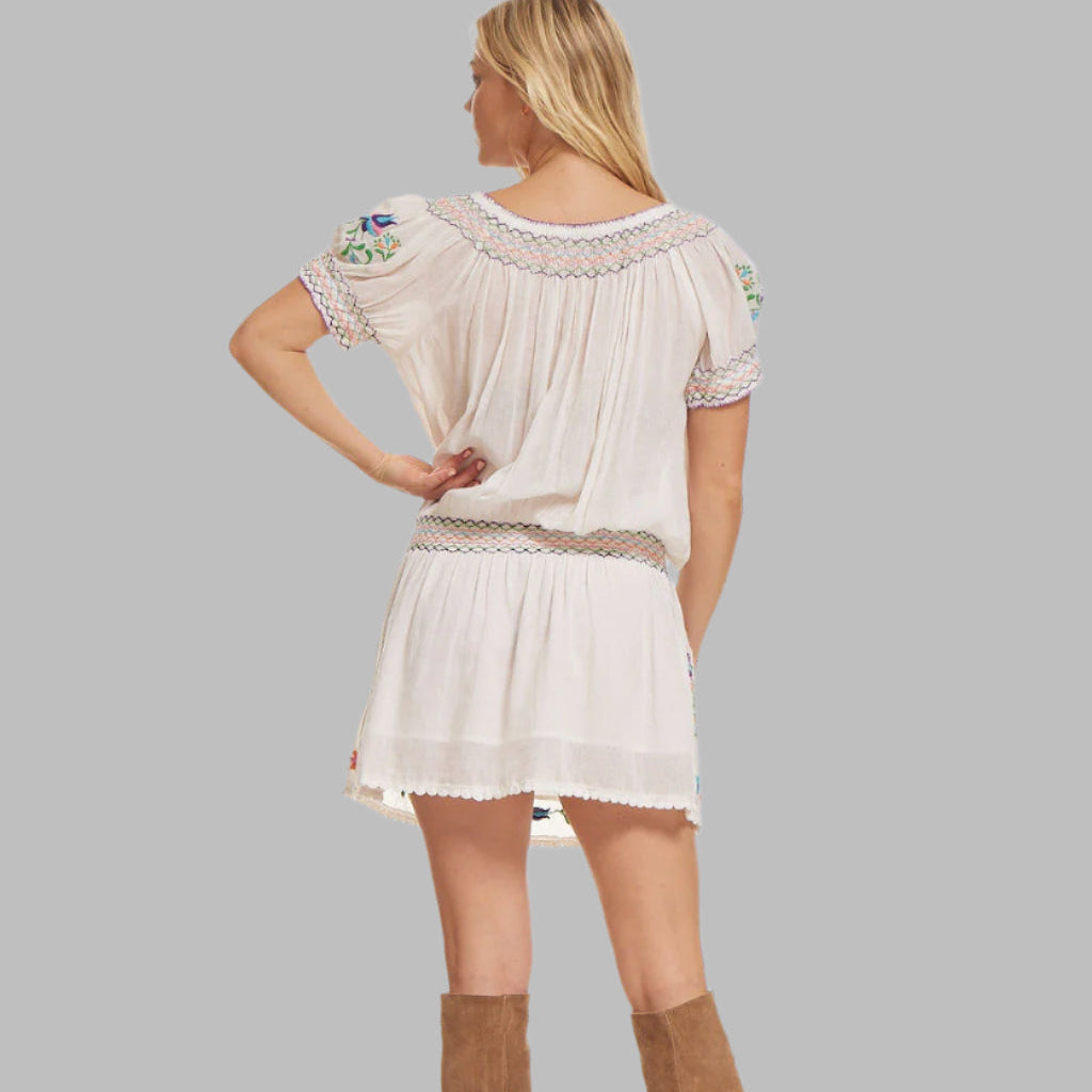 Everly Embroidered Short Dress Off Shoulder Natural/ Multicolor