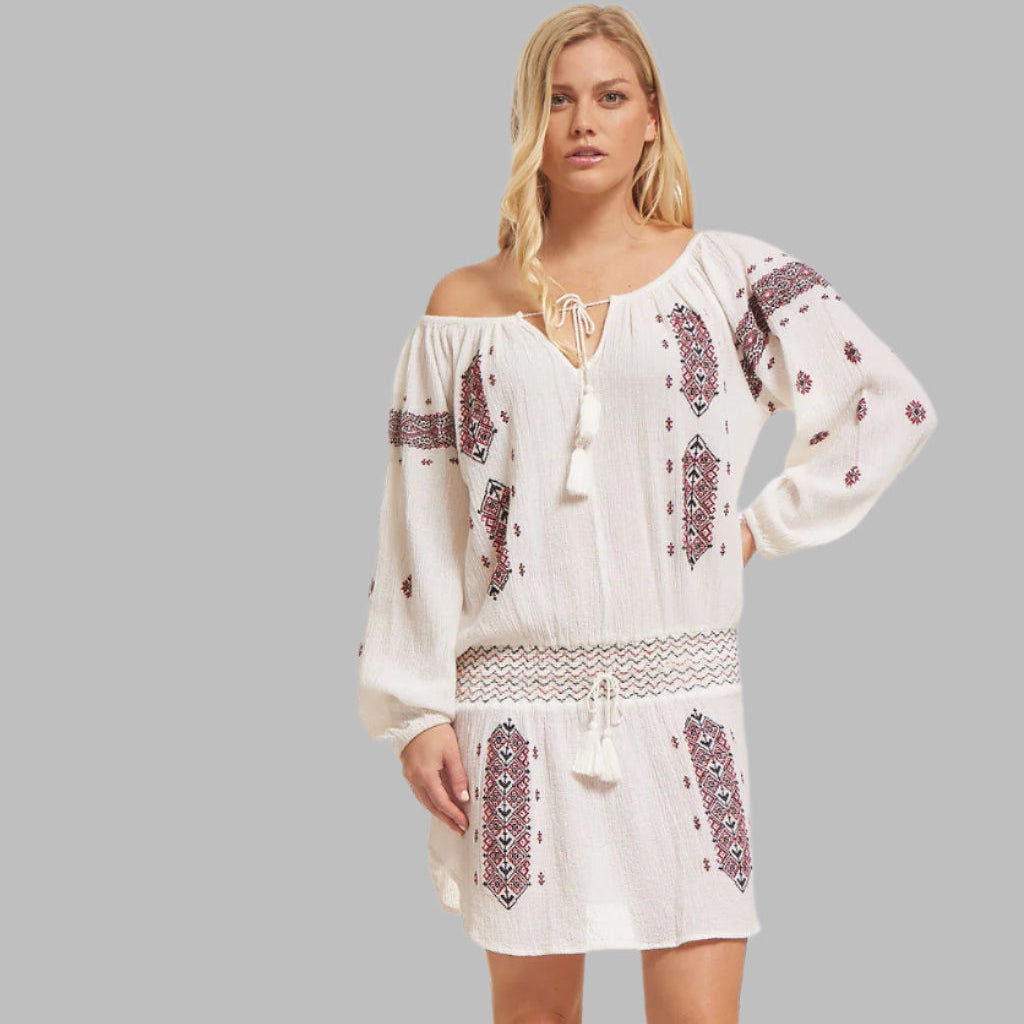 Lisa Embroidered Short Dress or Tunic Natural/Red