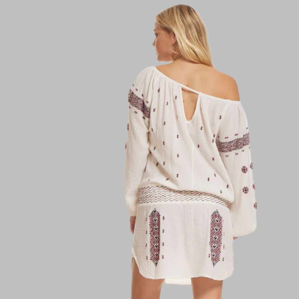 Lisa Embroidered Short Dress or Tunic Natural/Red