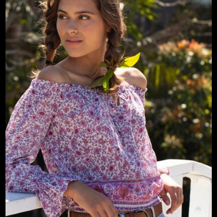Bliss Printed Blouse Long Sleeves Off Shoulder Pink