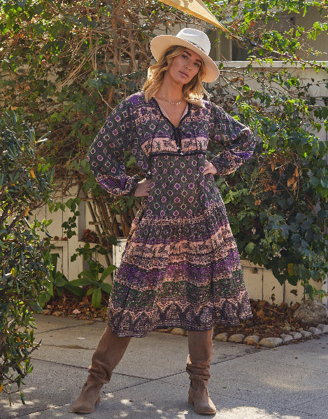 Luna Printed Long Dress Green/Purple With Lurex