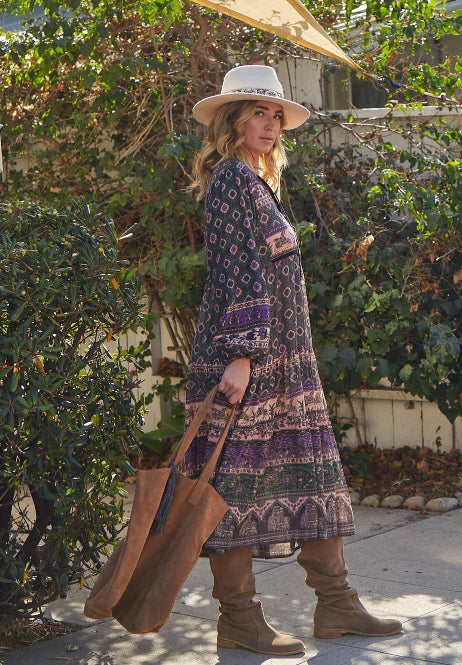 Luna Printed Long Dress Green/Purple With Lurex