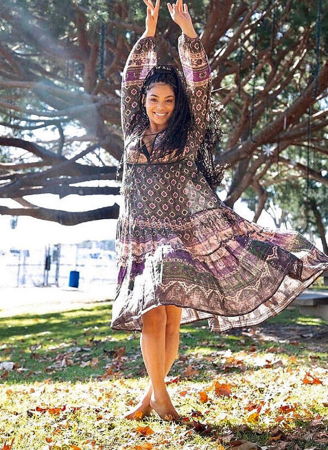 Luna Printed Long Dress Green/Purple With Lurex