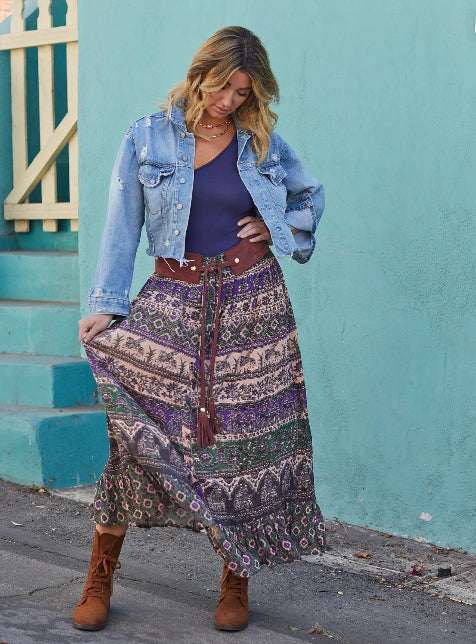 Luna Printed Long Skirt Green/Purple With Lurex