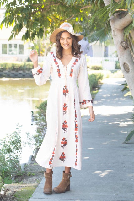 Thea Embroidered Maxi Dress Natural/Brown