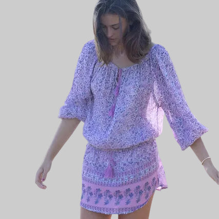 Cassidy Printed Short Dress Long Sleeves Off Shoulder Lavender