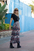 Luna Printed Long Skirt Blue/Red With Lurex - Blue Boheme