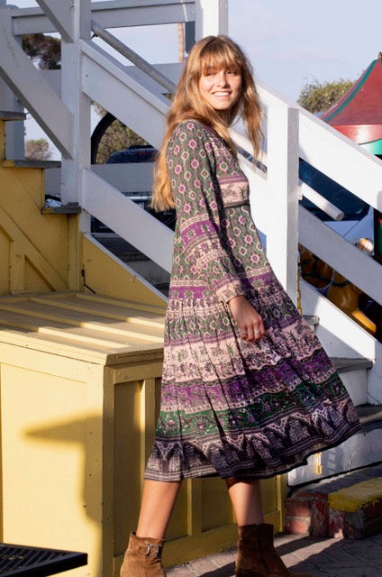 Luna Printed Long Dress Green/Purple With Lurex