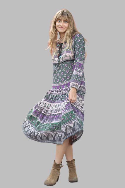 Luna Printed Long Dress Green/Purple With Lurex S M