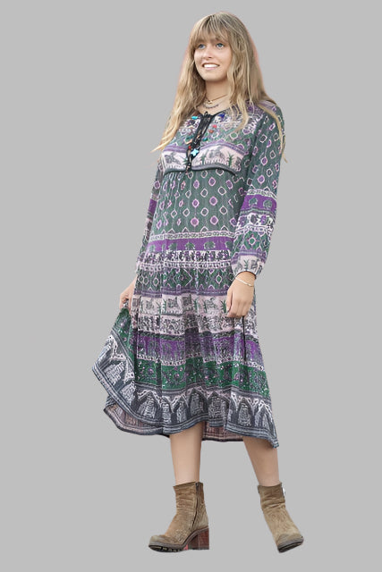 Luna Printed Long Dress Green/Purple With Lurex M L