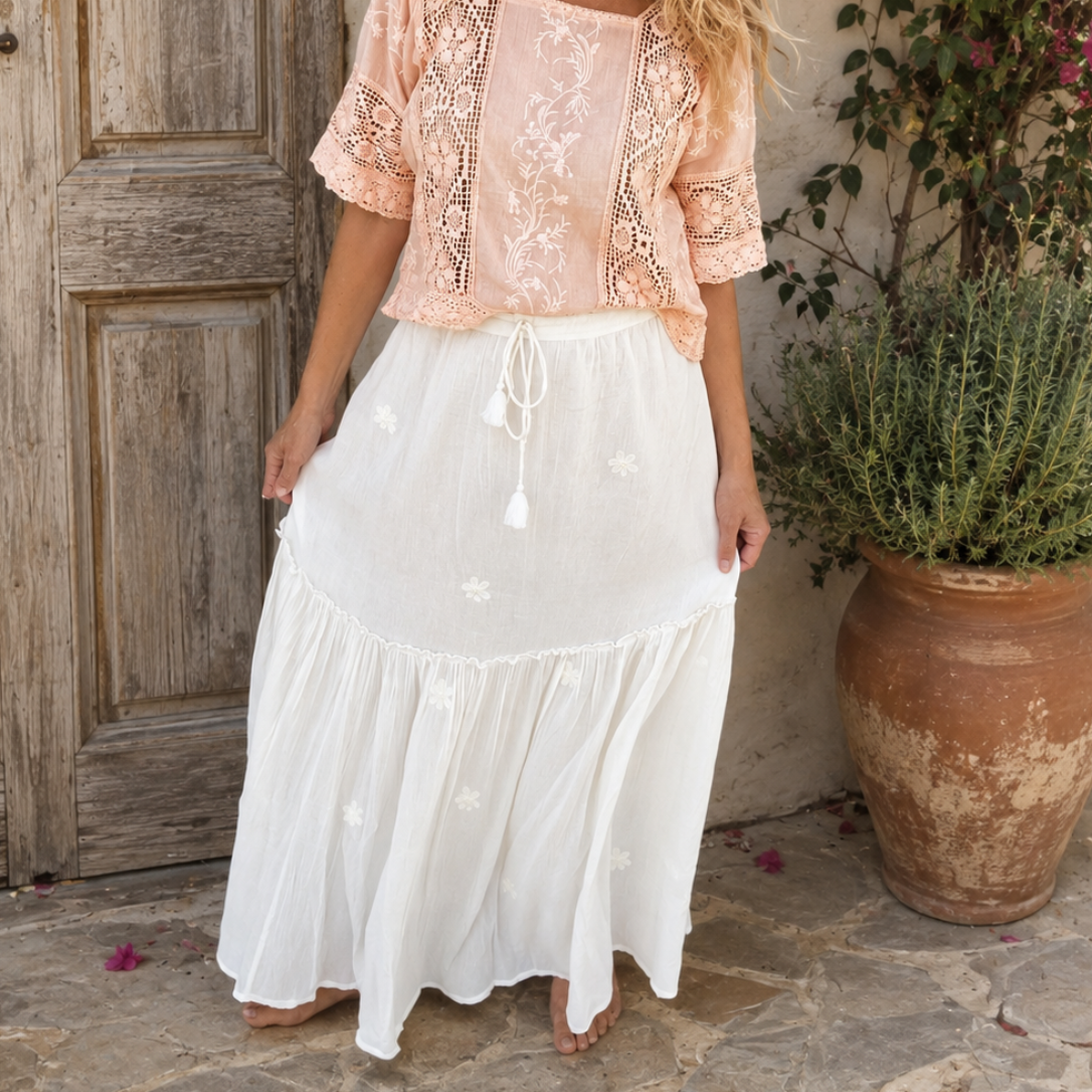 Thelma Embroidered Maxi Skirt With Adjustable Drawstring Natural