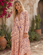 Marisa Printed Midi Dress Long Sleeve With Tassels Coral/Purple M