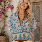 Penny Printed Crop Top Short Sleeves Peach/Aqua