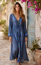 Thea Embroidered Maxi Dress Long Sleeves and Tassels Grey/Turquoise