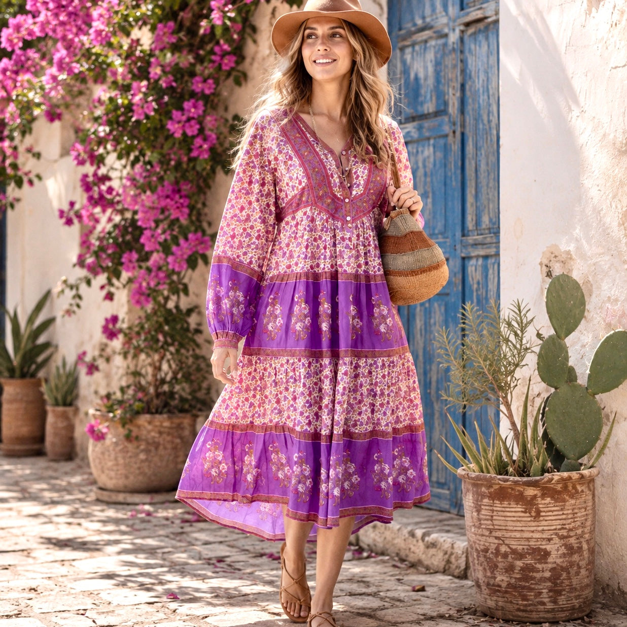 Marilou Printed Midi Dress Long Sleeves Pink