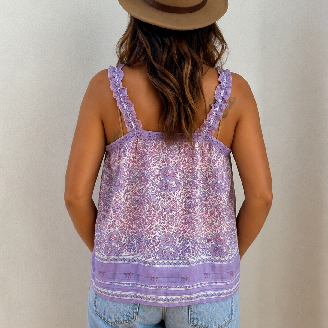 Ashley Printed Sleeveless Top With Lace Lilac