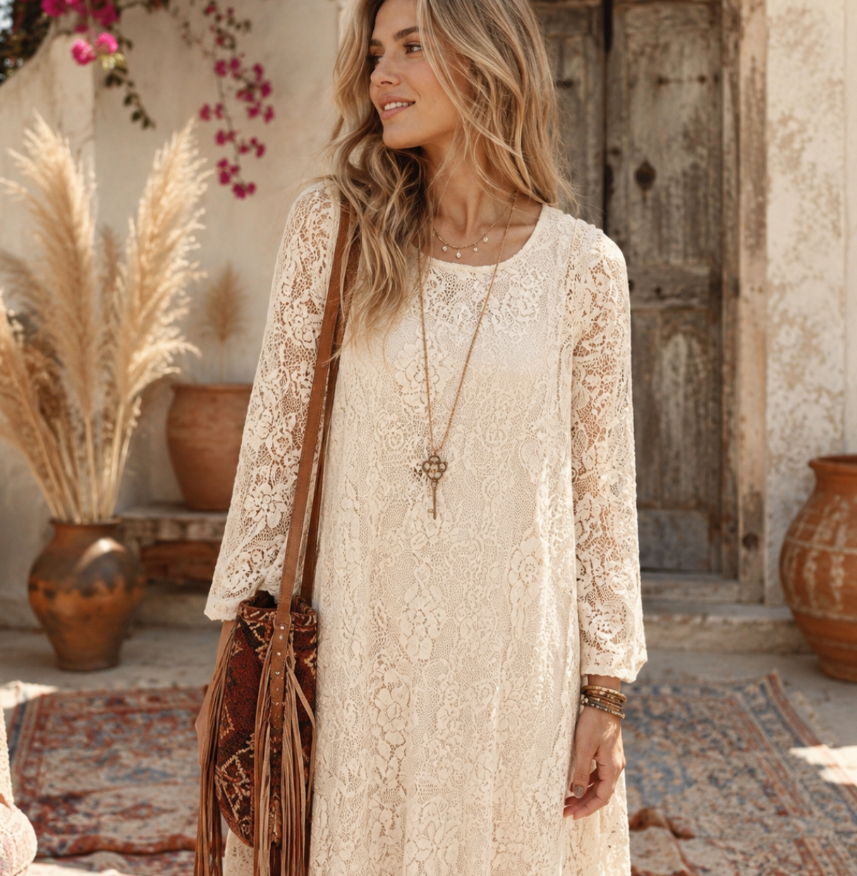 Ibiza Lace Maxi Dress or Duster With Long Sleeves Natural