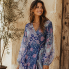 Naomi Printed Maxi Wrap Dress Long Sleeves Blue