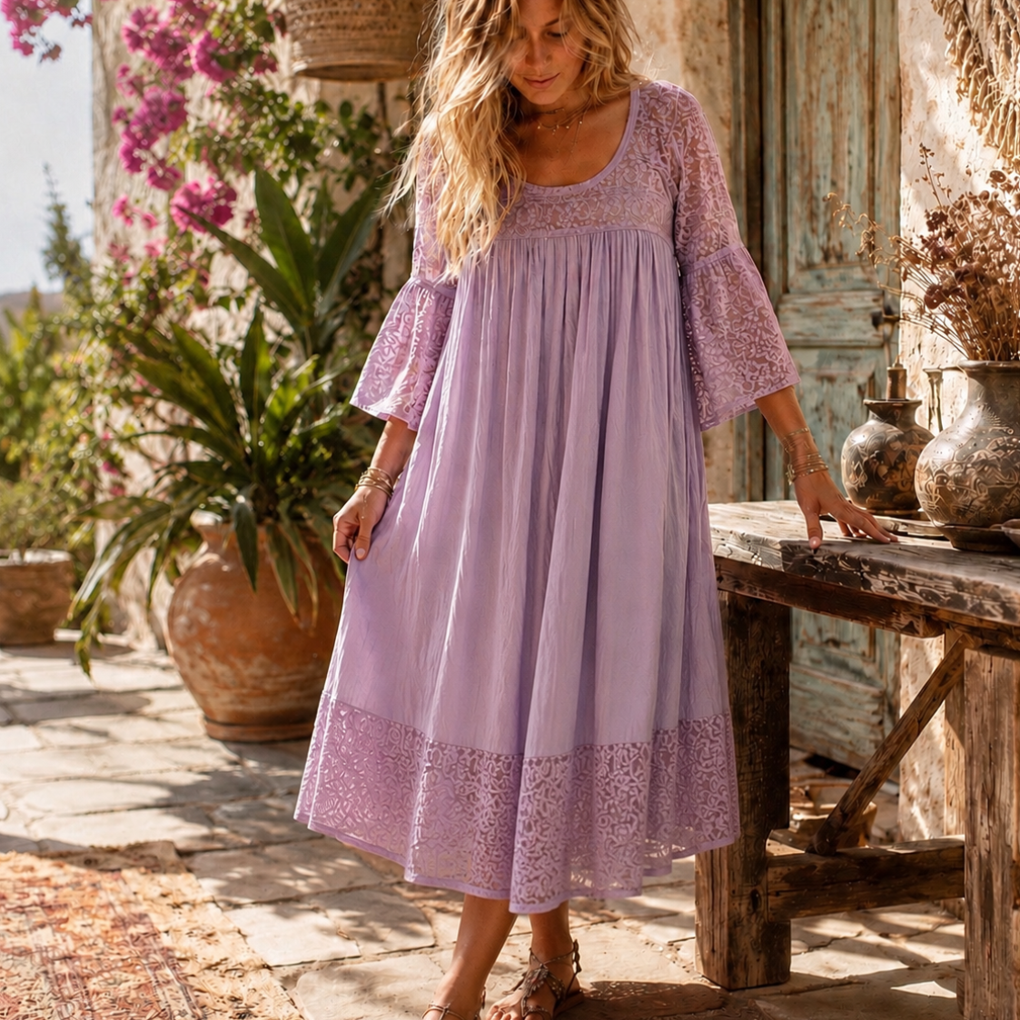 Pure Midi Dress Long Sleeves With Lace Lilac