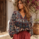 Luna Printed Blouse Long Sleeves Blue/Red With Silver Lurex