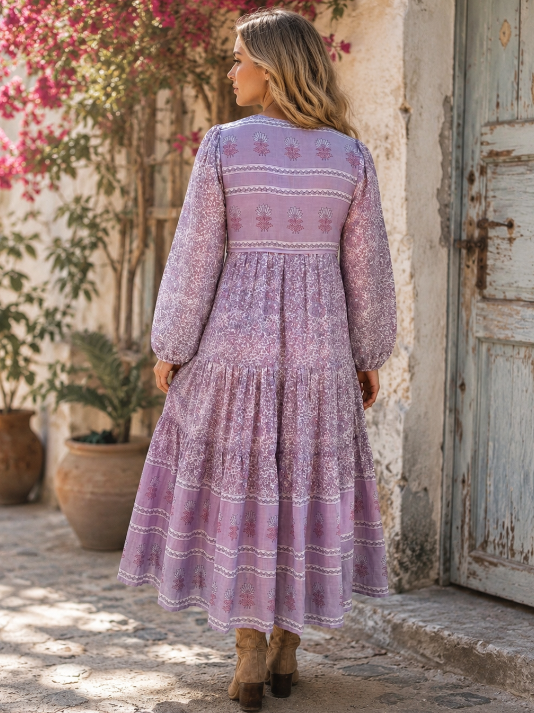 Kayla Printed Long Dress With Tassels Lilac