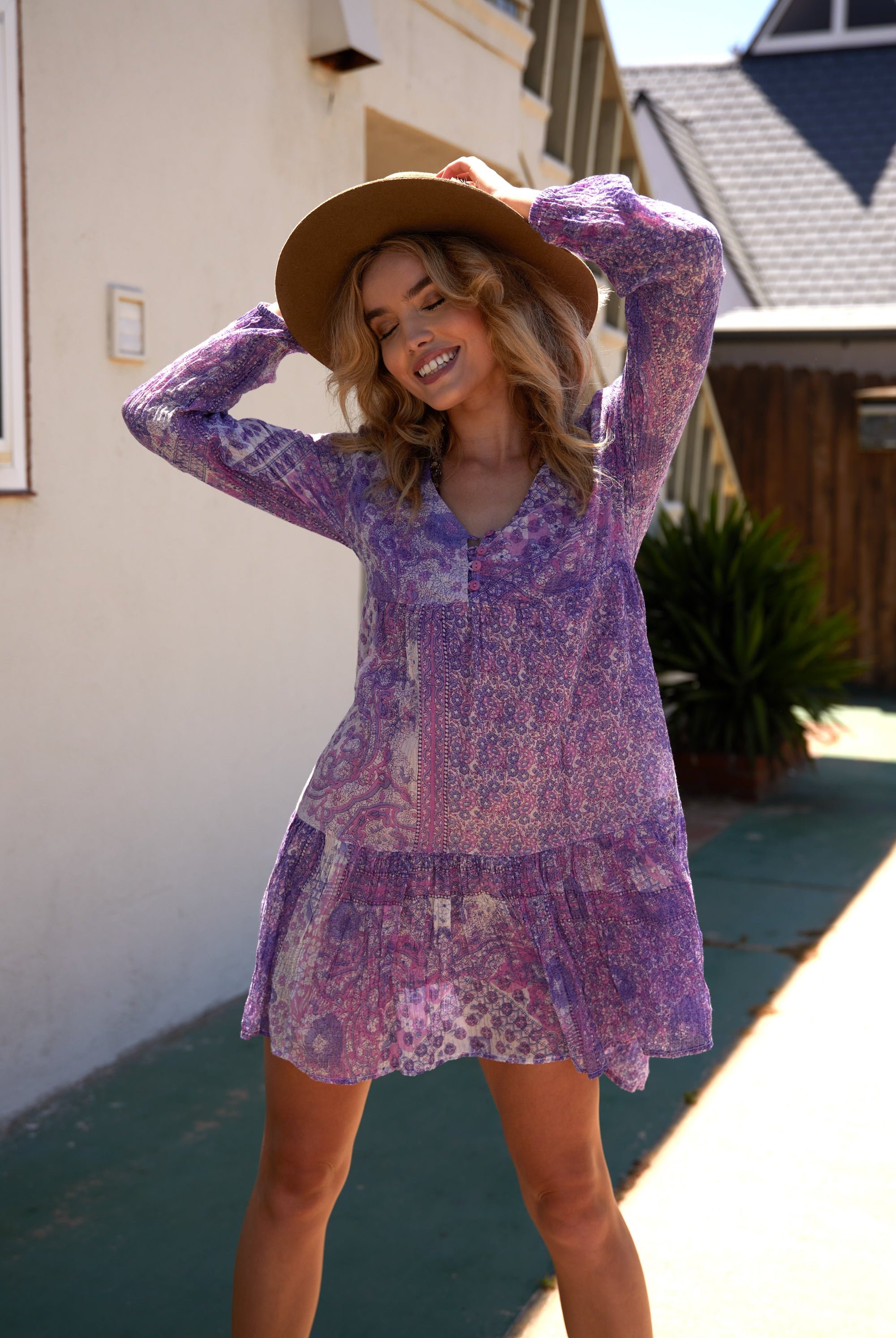 Nathalie Printed Short Dress Purple with Lurex - Blue Boheme