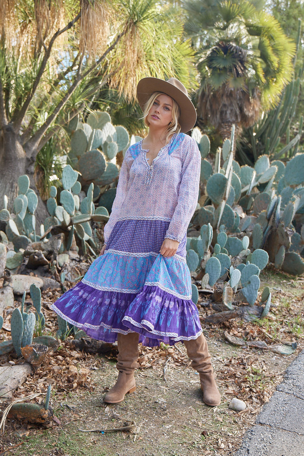 Cora Printed Long Dress Patchwork Purple