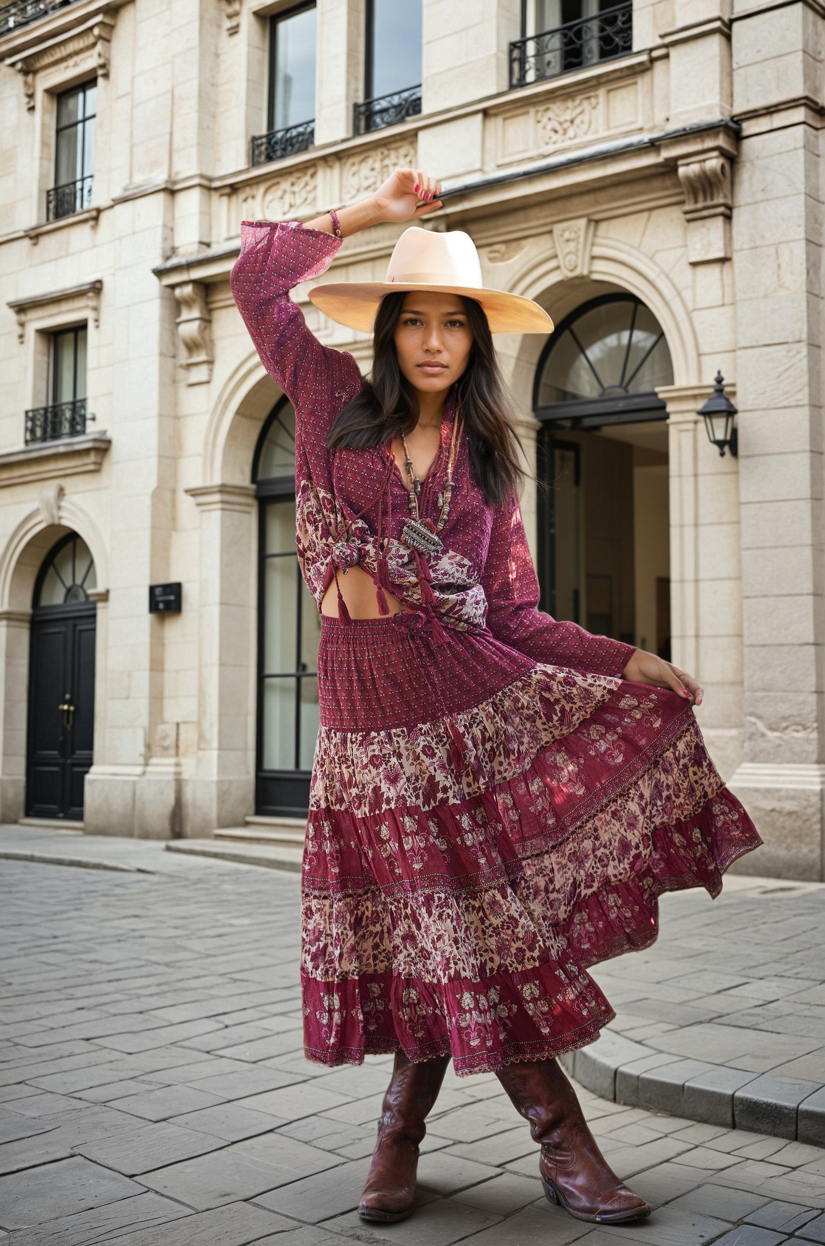 Rosa Patchwork Printed Midi Skirt Burgundy - Blue Boheme