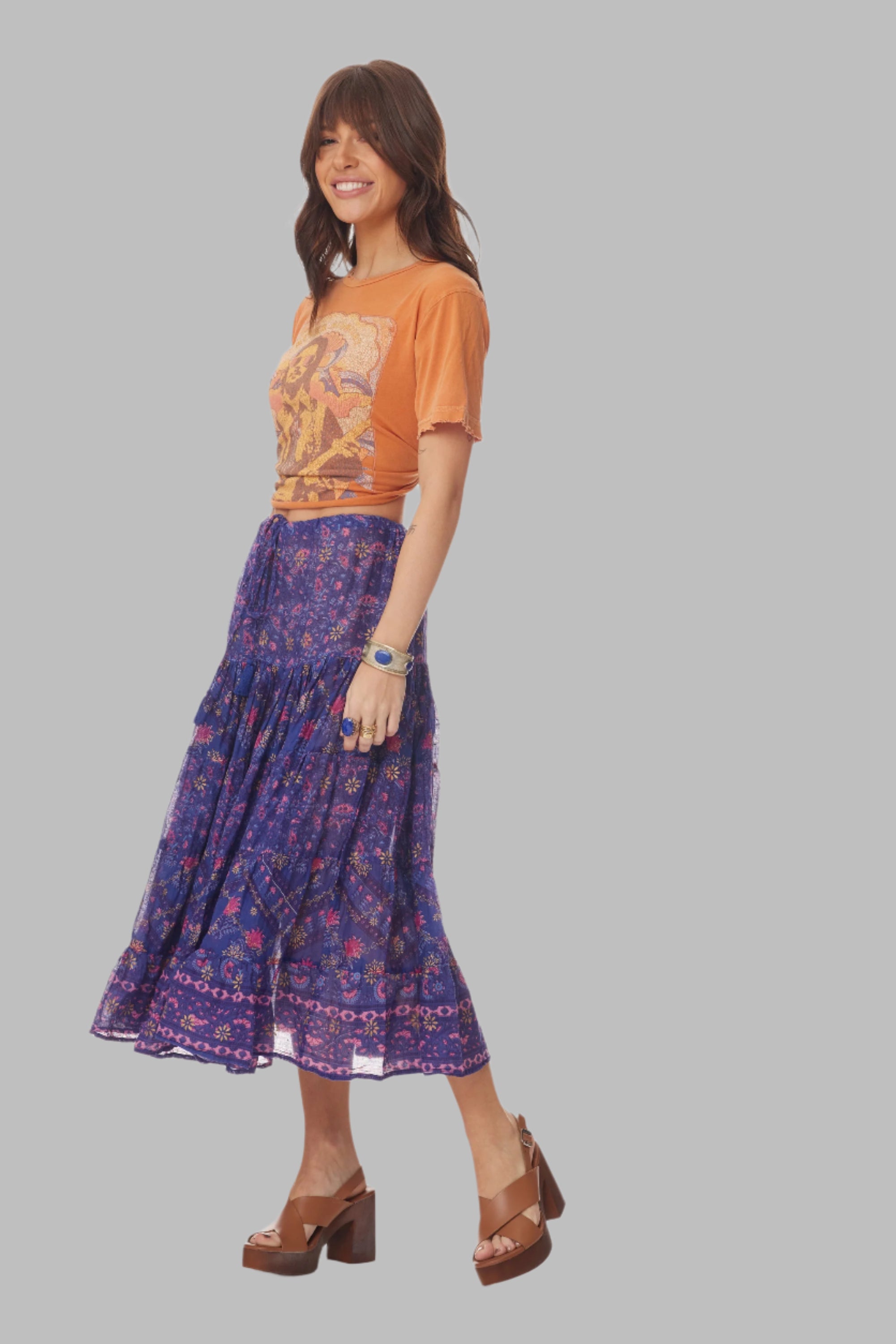 Rosa Printed Midi Skirt Indigo