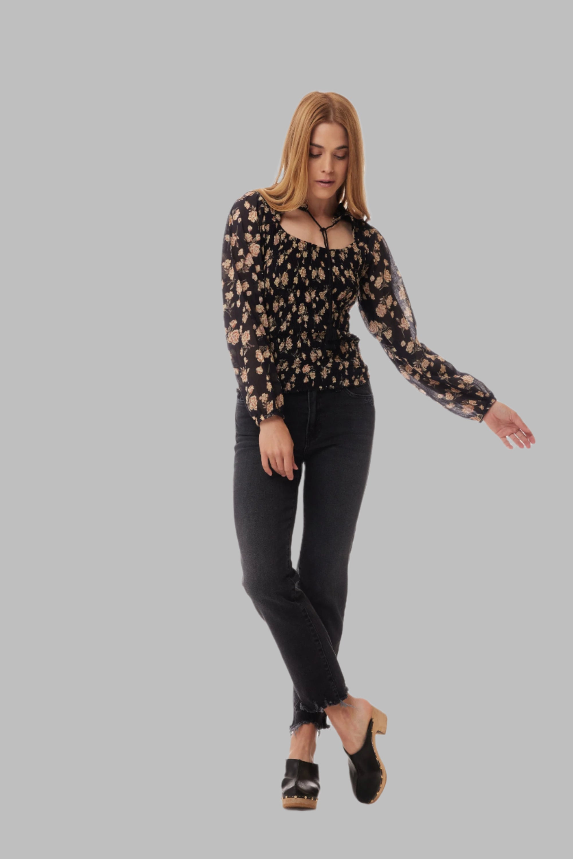 Morgan Printed Blouse with open collar Black Rose