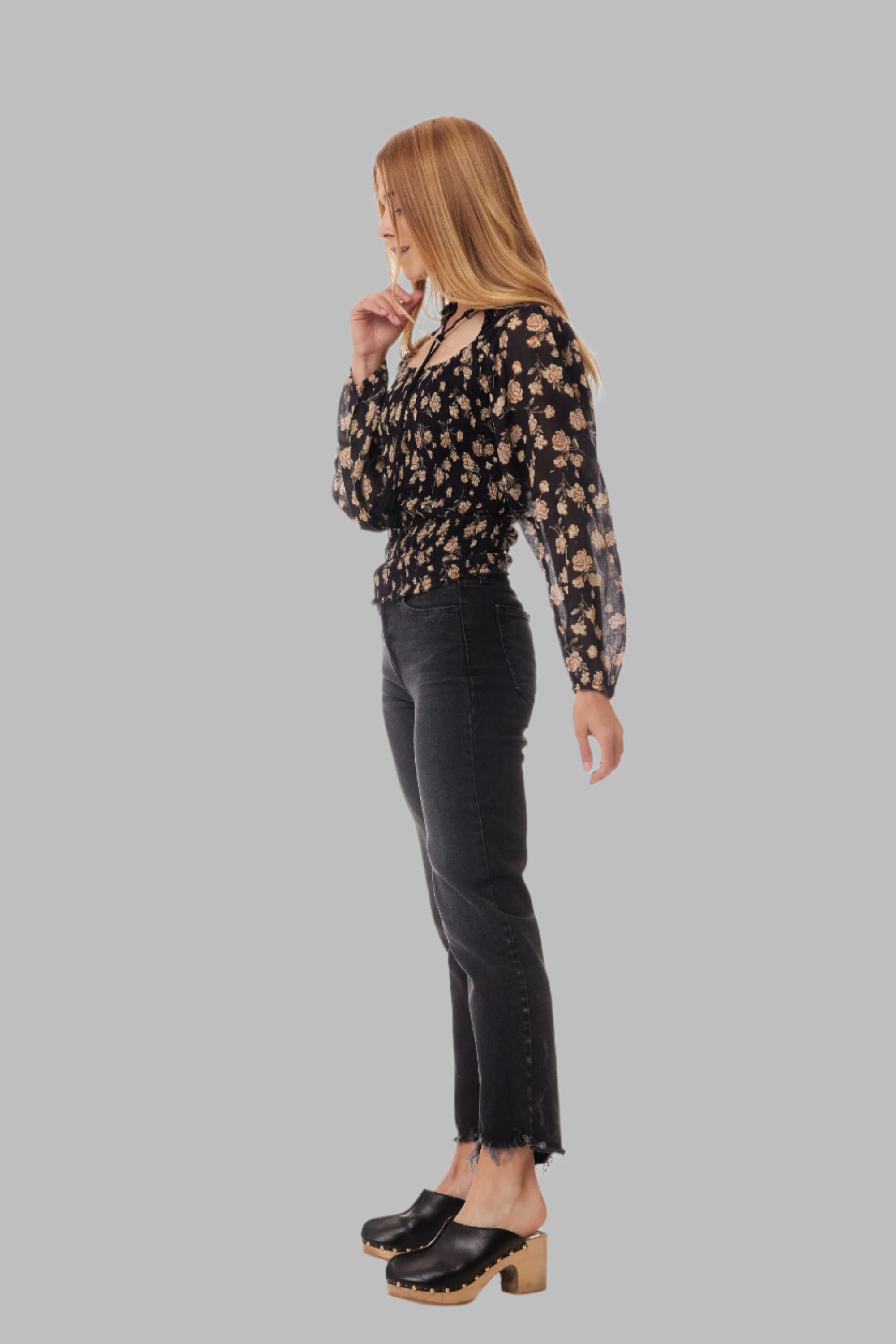 Morgan Printed Blouse with open collar Black Rose
