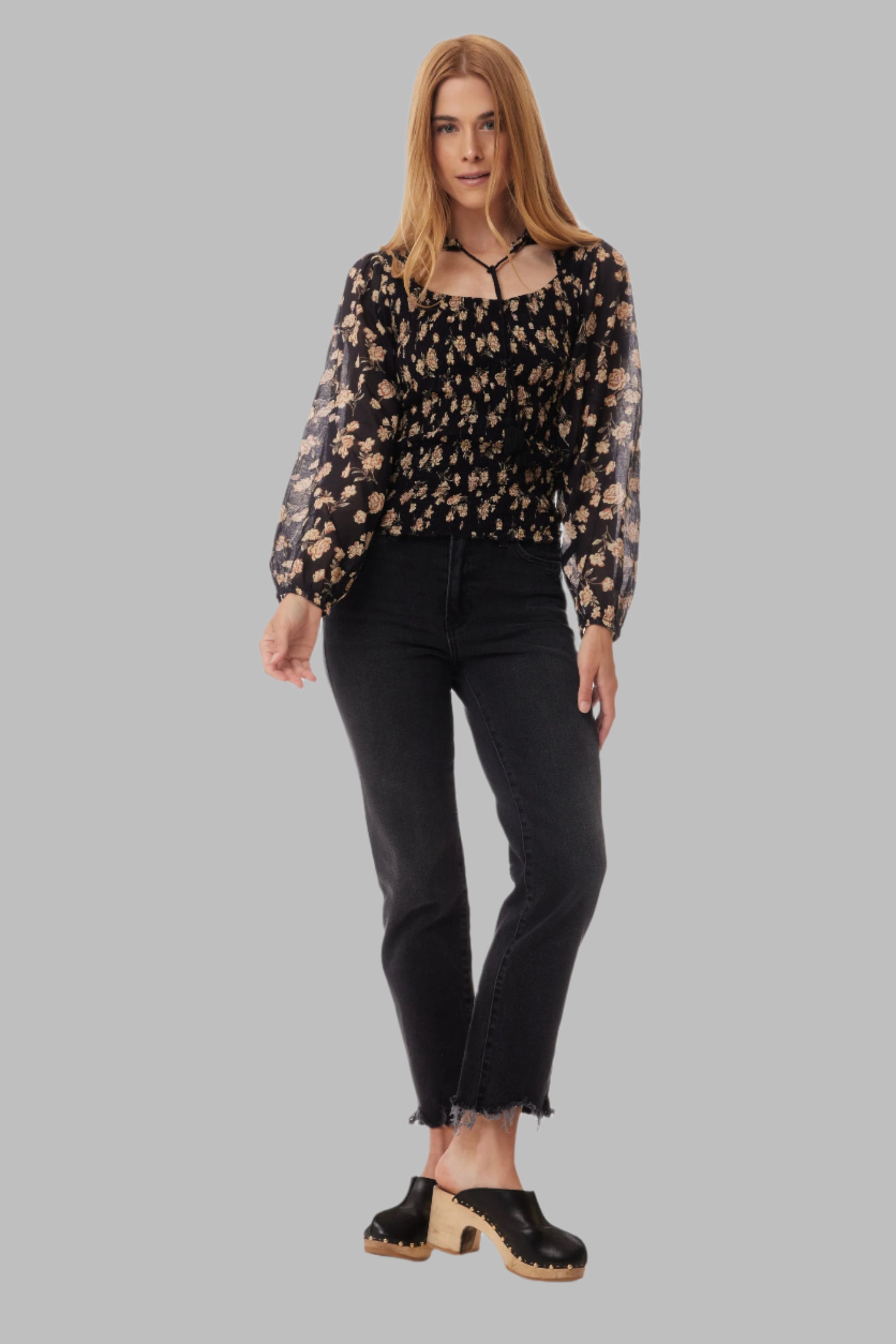 Morgan Printed Blouse with open collar Black Rose