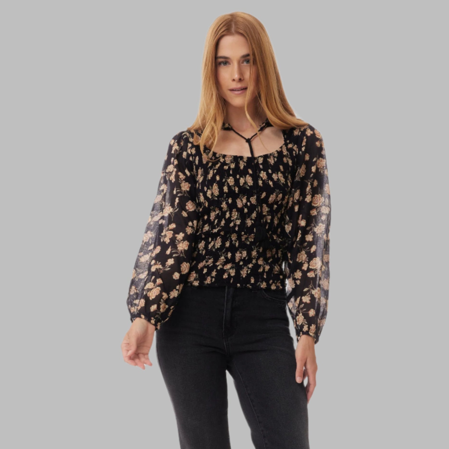 Morgan Printed Blouse Long Sleeves With Open Collar Black Rose