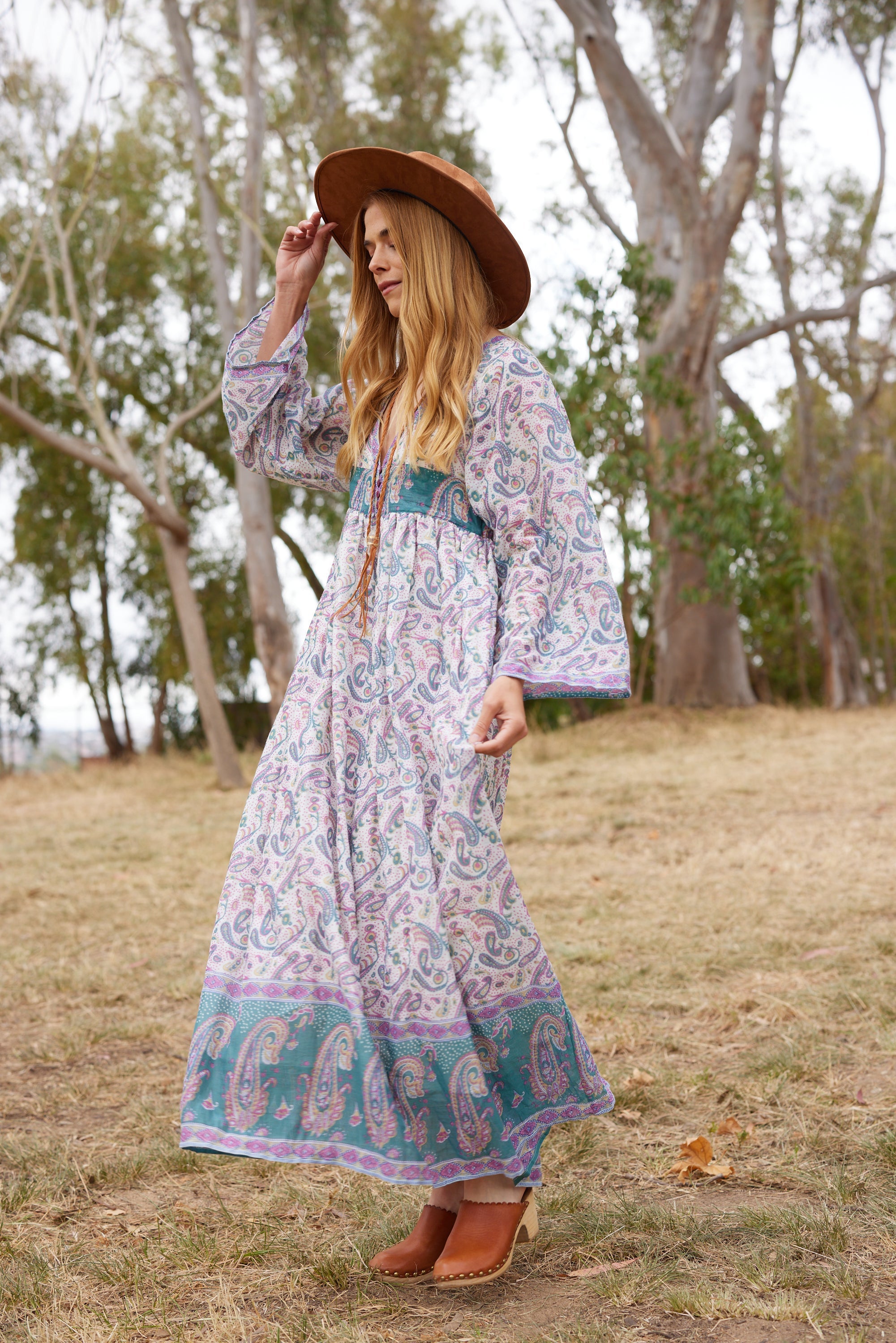 Jade Printed Maxi Dress With Butterfly Sleeves Teal S/M Jade Printed Maxi Dress With Butterfly Sleeves Teal S/M
