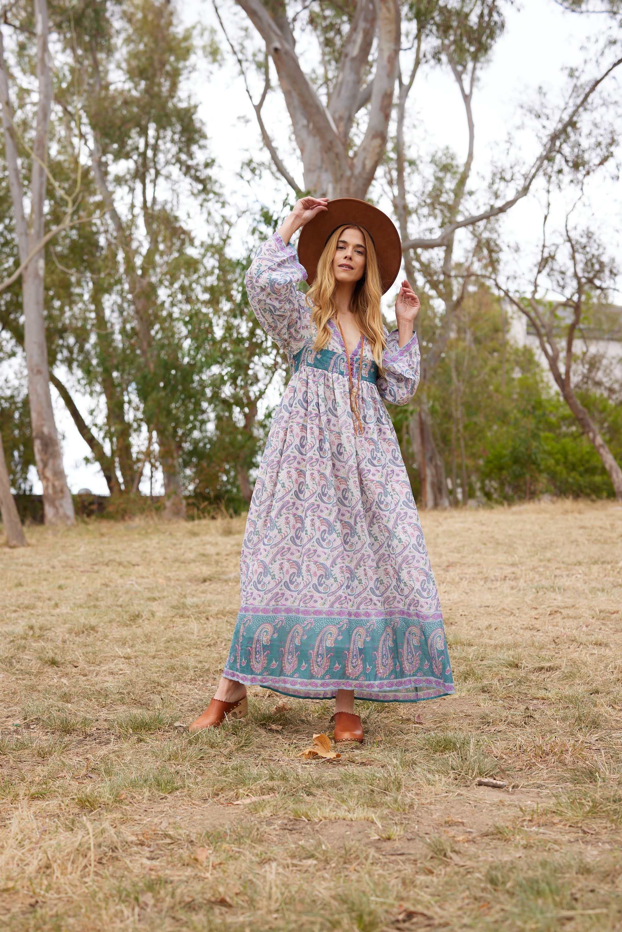 Jade Printed Maxi Dress with Butterfly Sleeves Teal S/M Jade Printed Maxi Dress with Butterfly Sleeves Teal S/M