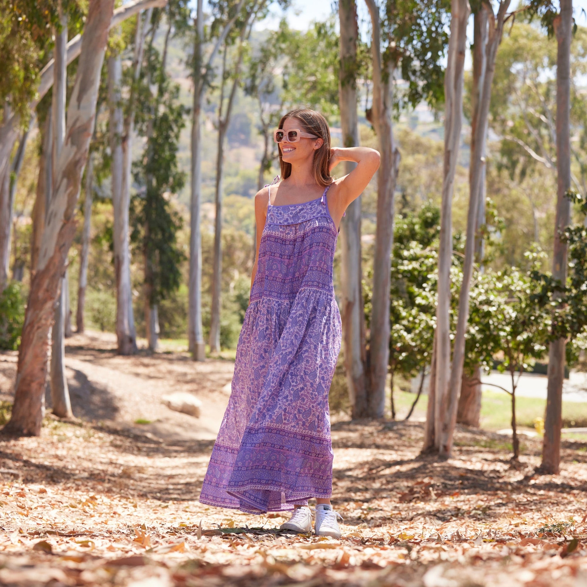Betsy Printed Maxi Tank Dress With Tassels Lavender