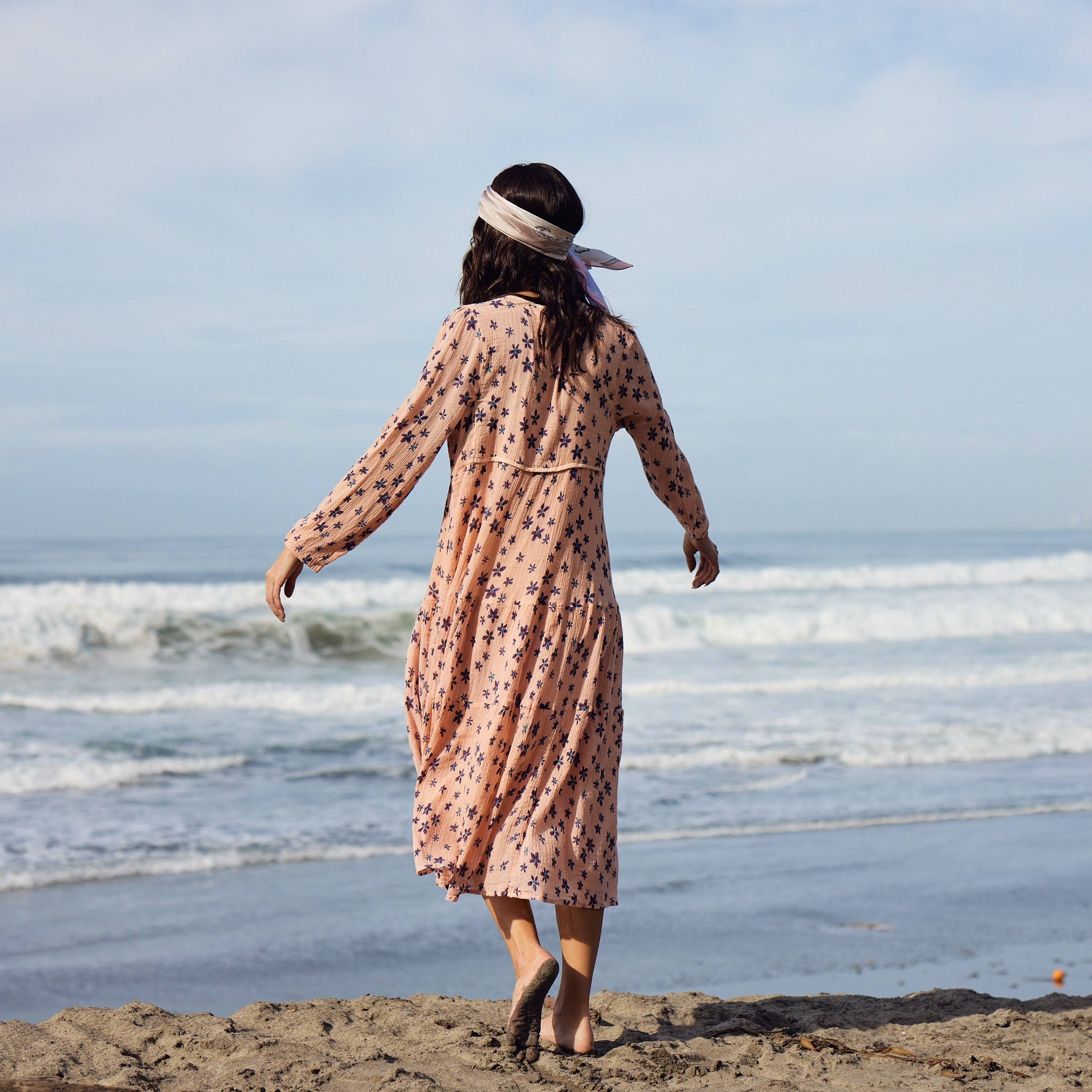 Marisa Printed Midi Dress Long Sleeve With Tassels Coral/Purple