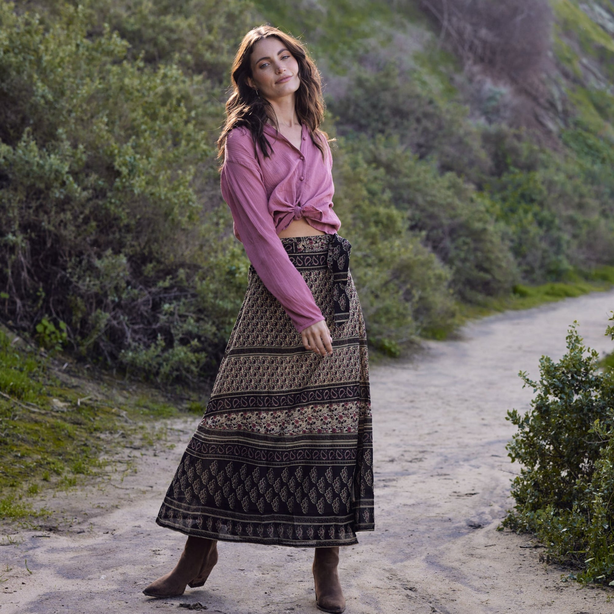 Vanessa Printed Maxi Wrap Skirt Vintage Brown