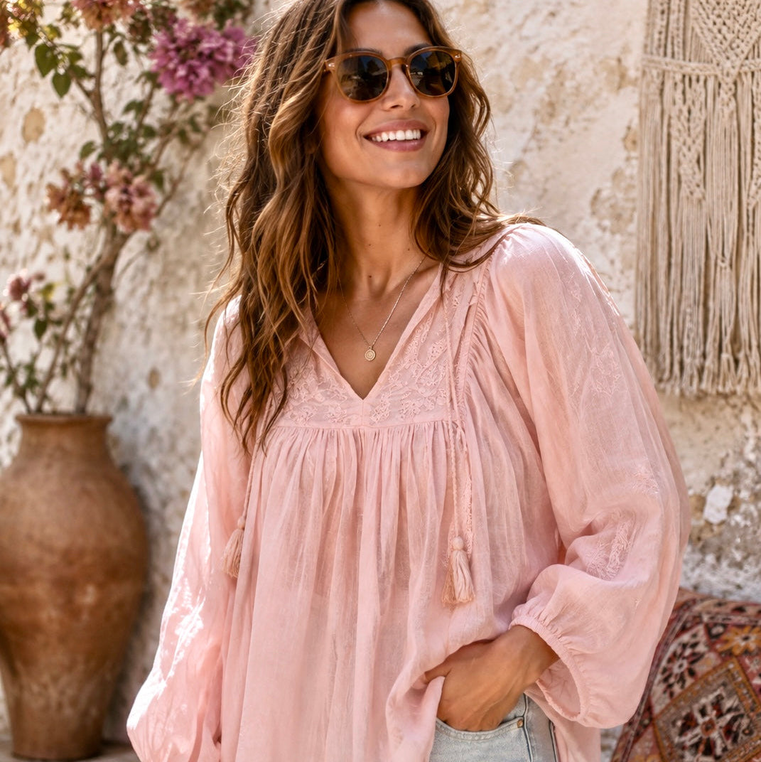 Mylene Hand Embroidered Tunic Long Sleeves Peach
