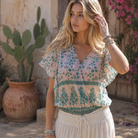 Penny Printed Crop Top Short Sleeves Peach/Aqua