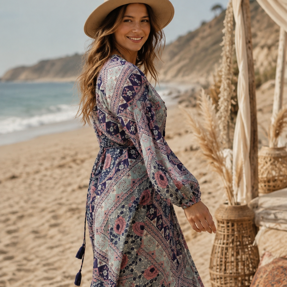 Naomi Printed Maxi Wrap Dress Long Sleeves Blue