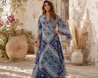 Audrey Printed Maxi Dress Butterfly Sleeves Patchwork Blue