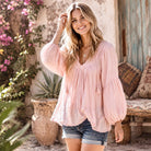 Mylene Hand Embroidered Tunic Long Sleeves Peach