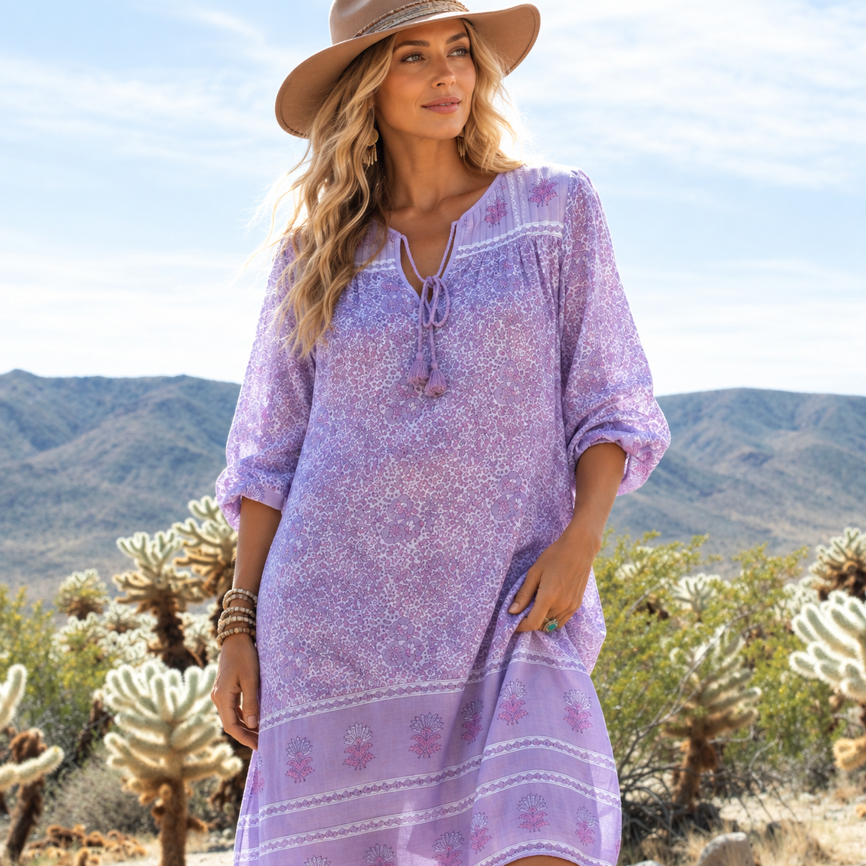 Romy Printed Midi Dress Long Sleeves and Side Pockets Lilac