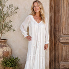 Thelma Embroidered Maxi Dress With Long Sleeves And Side Pockets Natural