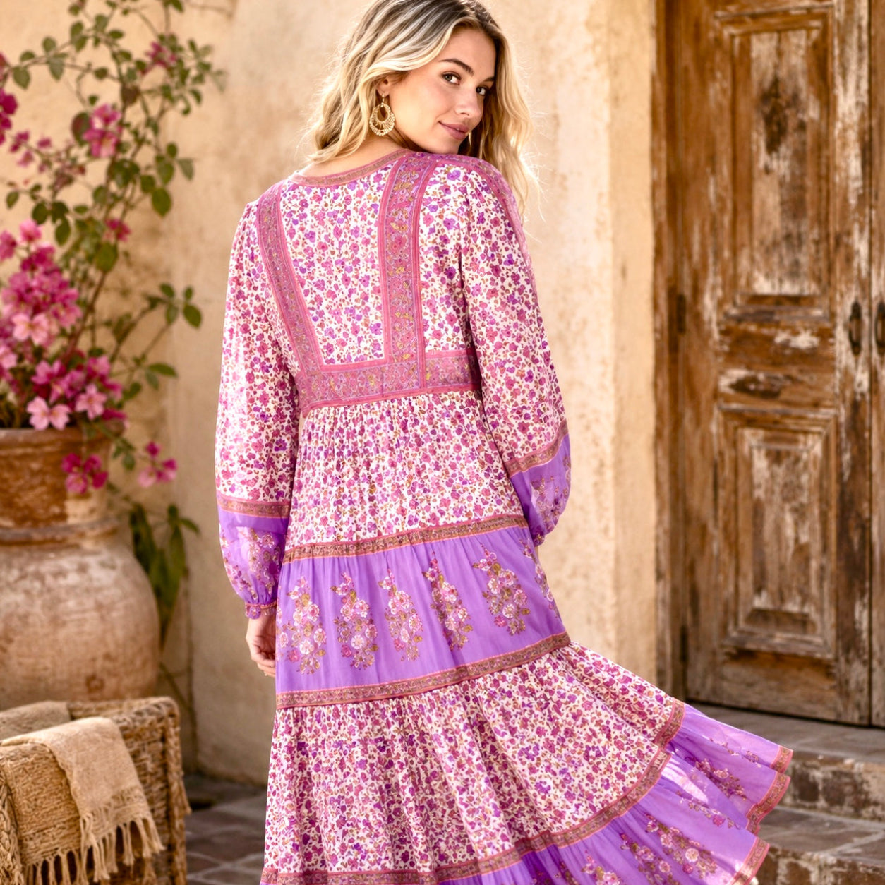 Marilou Printed Midi Dress Long Sleeves Pink